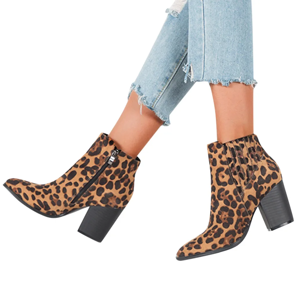 Stylish Women's Sexy Ankle Boots Winter Leopard Print Pointed Suede Chelsea Boot Fashion Female High Heel Party Casual Shoes Zip