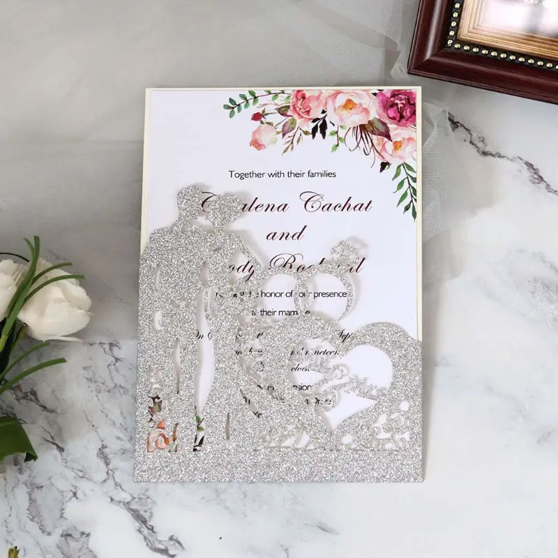  10pcs/set Glitter Laser Cut Ring Wedding Invitations Card Wedding Party Supplies Y1AB - 4.00029E+12