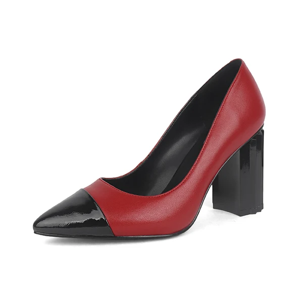 Red RJN Sexy Pointed Toe Pumps Stylish Mixed Color Strange Style Super High Square Heel Sheepskin Slip-On Shallow Well Shoes R01 - Цвет: Red