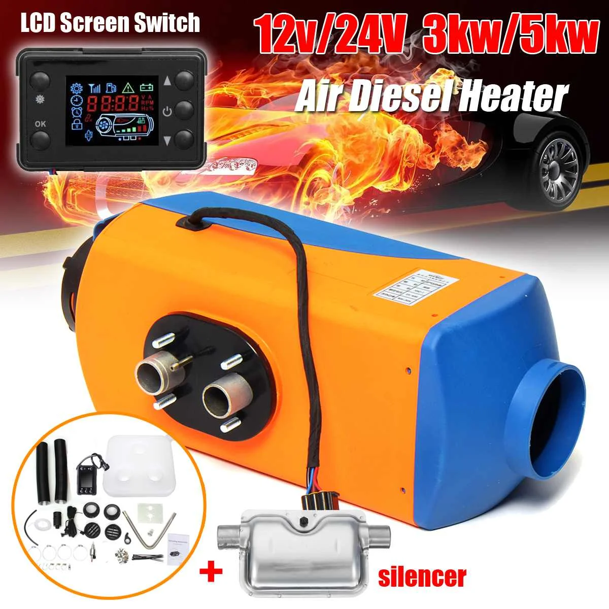 Tanie KROAK 3KW 5KW 12 V 24 V podgrzewacz samochodowy ekran LCD przełącznik 10L zbiornik Diesel powietrzna nagrzewnica postojowa ocieplacz na zimę z tłumikiem do ciężarówki RV