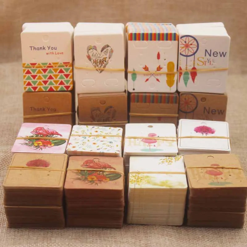 

100pcs Kraft Paper Earring Cards Retro Jewelry Display Card 4x5cm Multiple Styles Small DIY jewelry Stud Earring Package Cards