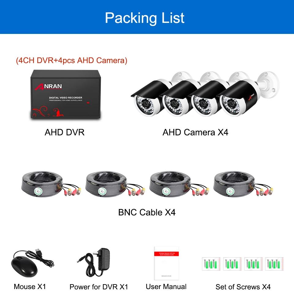 ANRAN 4CH AHD DVR CCTV система безопасности аналоговая HD система видеонаблюдения ИК ночного видения для помещений и улицы AHD камера