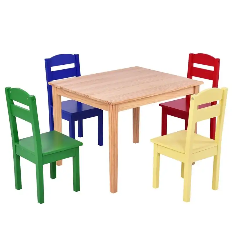 5 Pcs Kids Pine Wood Table Chair Set Desk Chairs Children Table