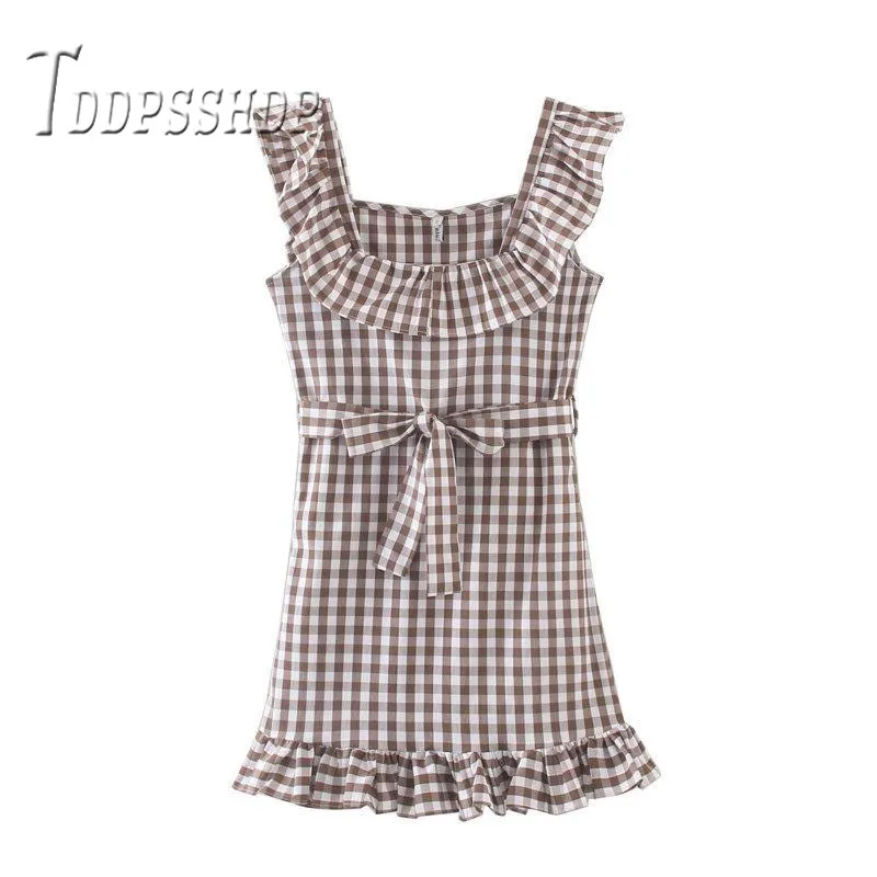 

2019 French Retro Square Collar Ruffles Women Dress Grid Female Dresses