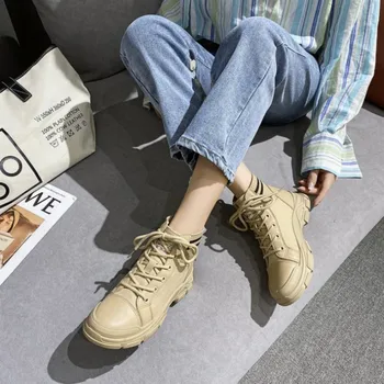 

Women Boots 2020 Solid Lace Up Women Shoes Autumn Fashion Mid Heels Ankle Boots PU Leather British Motorcycle Boots Casual Shoes