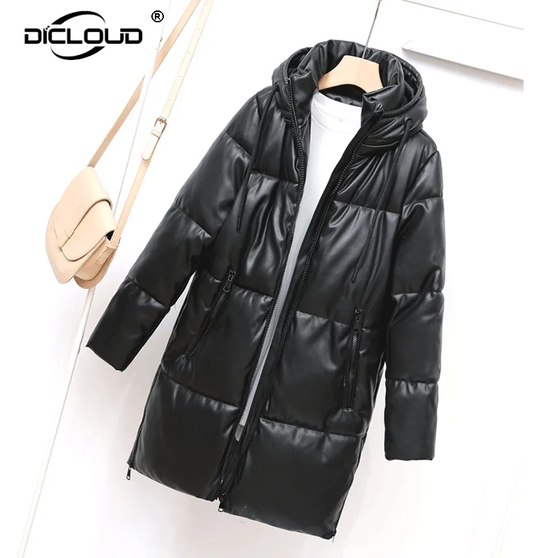Парка женская зимняя черная из искусственной кожи с хлопковой подкладкой и