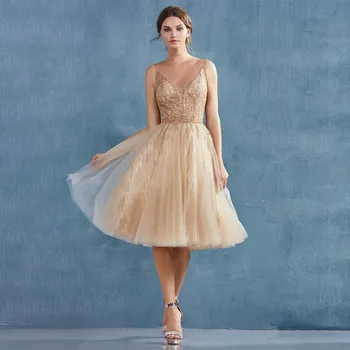 

YQLNNE Sexy Champagne Short Prom Dresses V Neck Glitter Tulle Beads Knee Length Backless Homecoming Party Dress Custom Size
