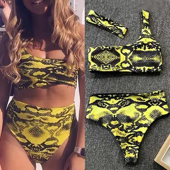 

Women Split Swimsuits Snake Skin Printed One Shoulder Bra Bikini + Swimming Briefs NYZ Shop