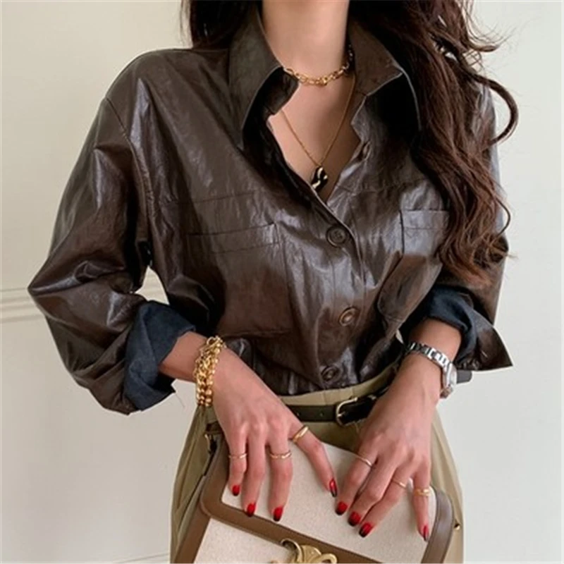 

Fashion New Solid Color Leather Shirts Women Fall Korean Cool POLO Collar Long Sleeve OL Style Females Blouses Streetwear Top