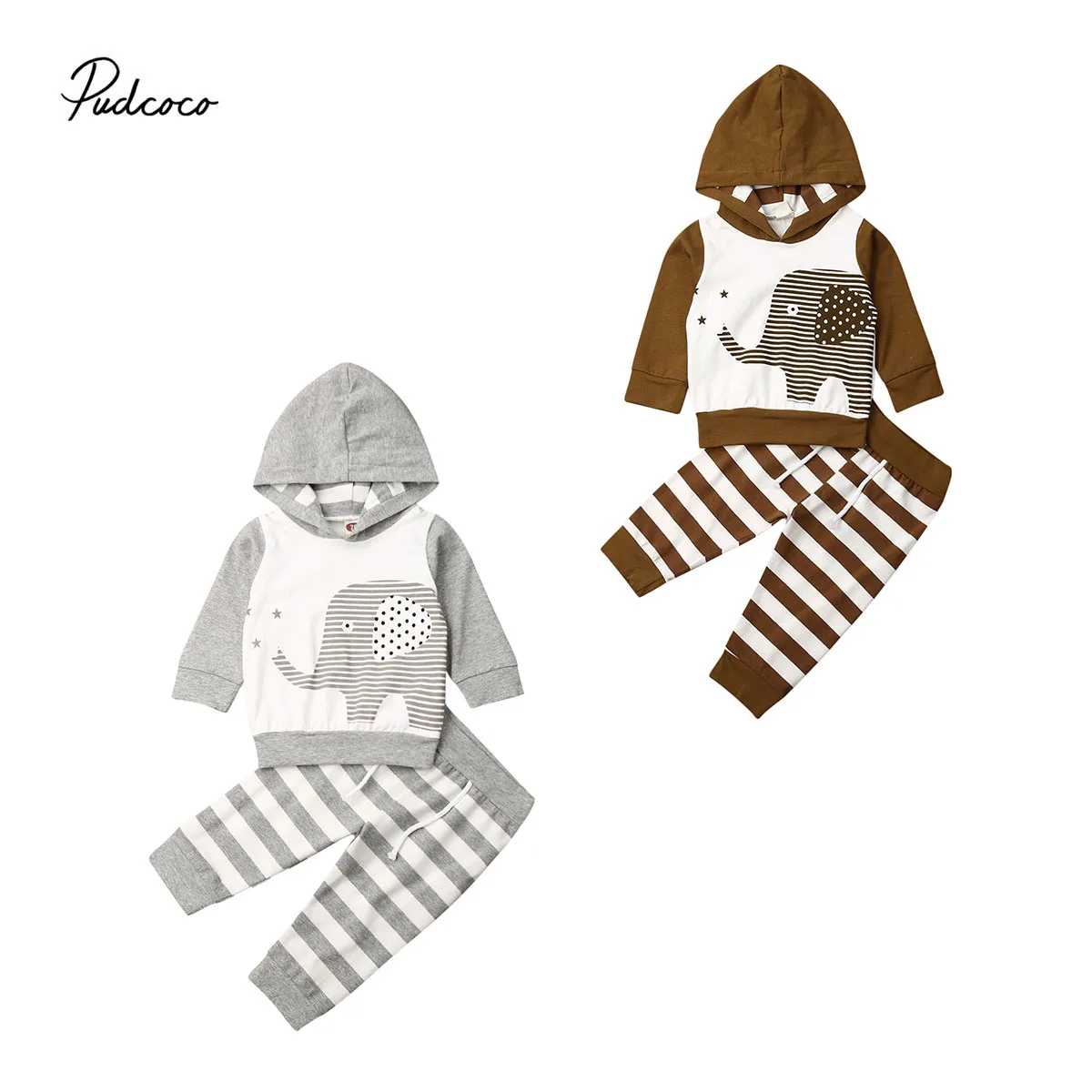 Toddler Baby Boy Cartoon Hoodie Tops Striped Pants Elephant Print Hooded Outfits Sweatshirt Tracksuit Clothing Set |