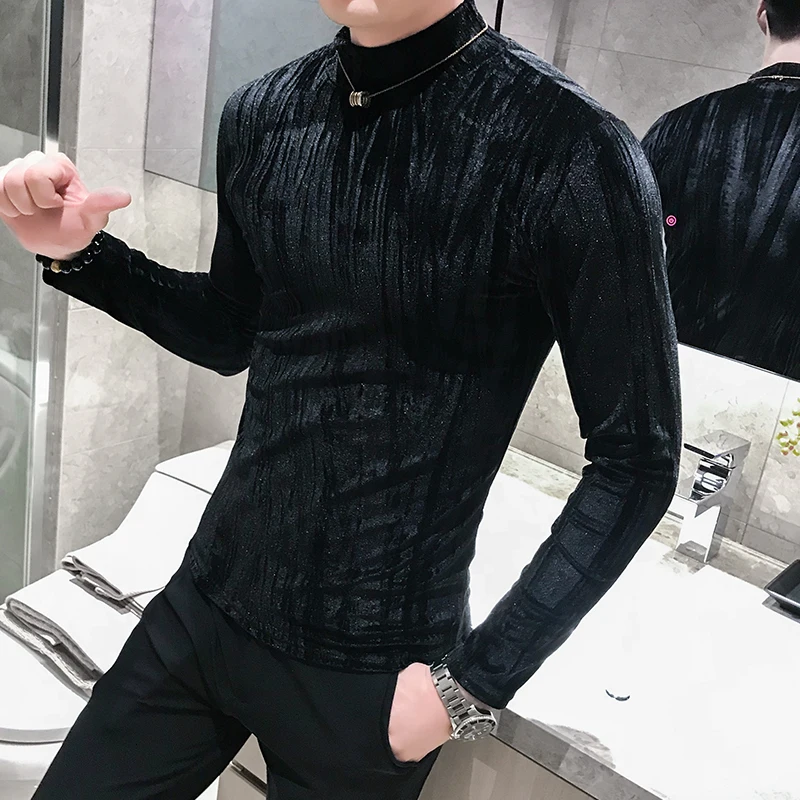 Футболка с цветочным принтом Shrirs Slim Fit зимние Бархатные футболки Стильная мужская одежда с принтом фланелевые футболки с высоким воротом мужские