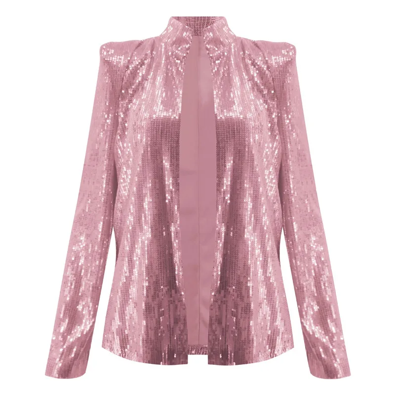 Pink Куртки с блестками, женские блестящие пальто с длинным рукавом для ночного клуба, модные золотистые и серебристые женские тонкие сексуальные блестящие куртки, верхняя одежда PL928G - Цвет: Pink