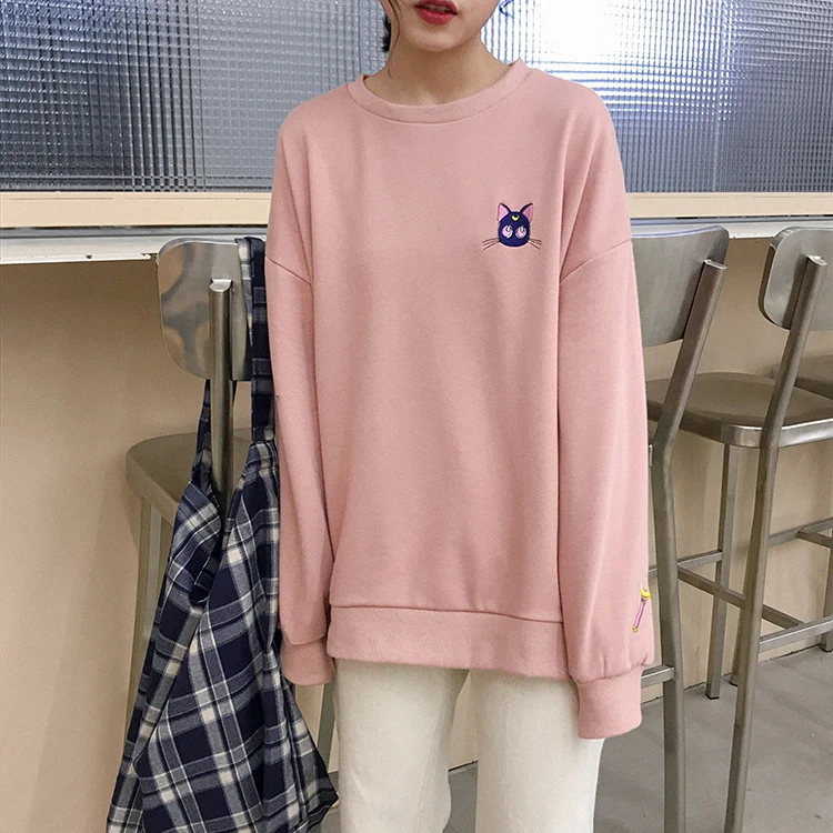 Милые красивые женские свитера Kawaii тема вышивка Тонкий Универсальный Круглый вырез длинный рукав пуловер Толстовка Верхняя одежда