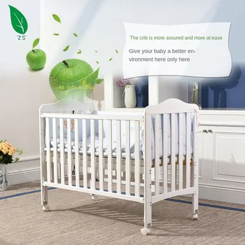 

Luxury Pine Solid Wood White Baby Cribs with Trolley European-style Multifunctional Fashion Baby Bed Liftable Bed with Casters