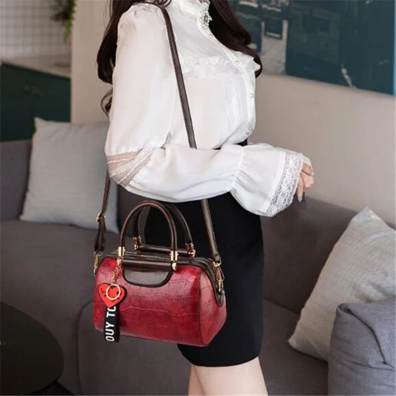 Luxury PU Leather Women Handbags with heart pendant ornaments Ladies Shoulder Bags Fashion Female Boston Crossbody Bags