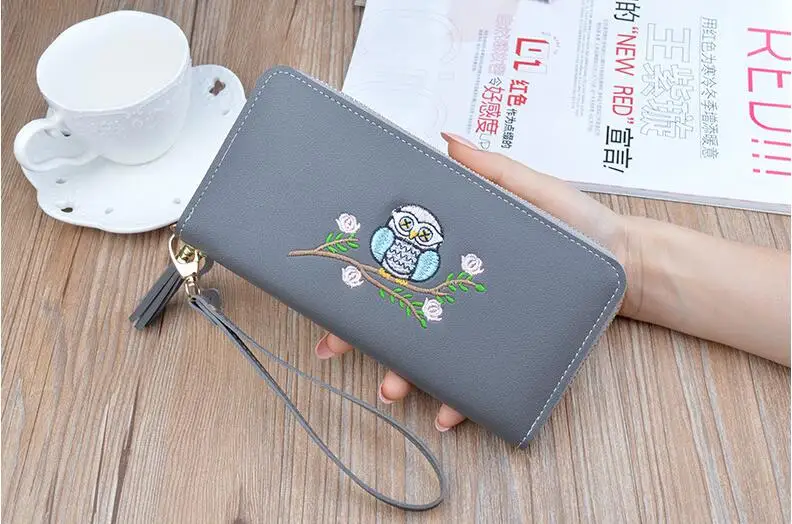 Gray Модные вышитые Совы Длинные сумки на молнии для мобильного телефона кисточкой большой емкости ПУ кошелек твердые клатчи для женщин - Цвет: Gray