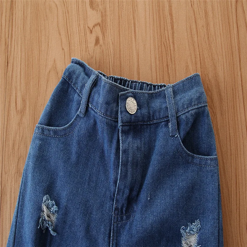 EABoutique/детская одежда г. Модный костюм для девочек рубашка с вышитыми плечами и джинсы комплект из 2 предметов для маленьких девочек Q1202
