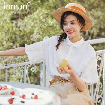 

INMAN 2020 Spring New Arrival Cotton Lapel Literary Concise Style Girlish Jacquard Weave Short Sleeve Blouse