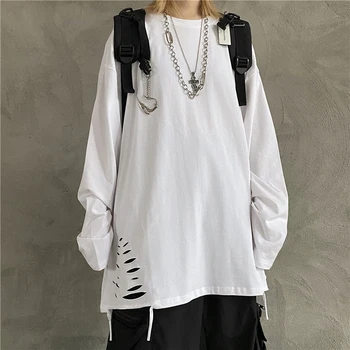 

Fashion ins high street hip-hop personality wear a bottoming shirt in the hole solid color long sleeve T-shirt