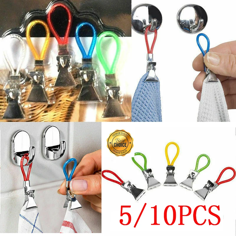 

5/10Pcs Tea Towel Hanging Clips Metal Clip On Hooks Loops Hand Towel Hangers Portable Clothes Pegs Kitchen Bathroom Accessories