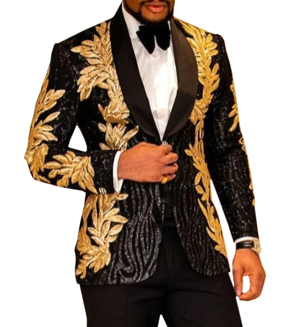 

Men Suits For Wedding Business Tuxedoes Gold Embroidery Sequin Applique Casual Jacket Singer Performance Costume Two-piece Suit