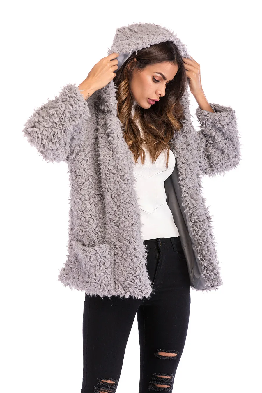 Casual Autumn Winter Teddy Coat Women Long Sleeve Pocket Loose Fluffy Jacket Warm Faux Fur Coat 2019 Short Hooded Overcoat  (15)