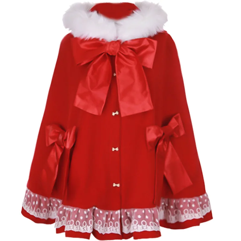 

Women Lolita Fur Trim Hooded Bow Tie Cloak Coat Cape Jacket Girls Outwear Sweet