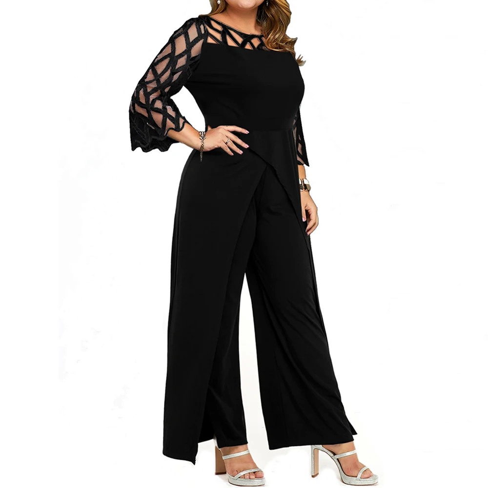 

Women Plus Size Jumpsuit For Women Transparent Mesh Patchwork Playsuit Overalls Lady Summer Elegant Rompers Split Long Jumpsuit