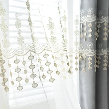 

Fine cashmere Fabric Heart embroidered Grey Blackout Curtain for Bedroom Living room Luxury Lace Tulle Window Drapes Custom P446