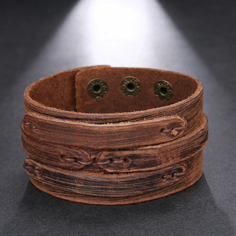 Leather Bracelet Trend Jewelry Vintage Handmade Weave Smooth Genuine Leather Bracelet Men Personalized Cuff Wide Leather Bracelet