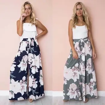 

Summer Holiday Vacation Floral Wide Leg Long Pants Casual Loose Fashion Beach Boho Palazzo Trousers 2020 New Fashion