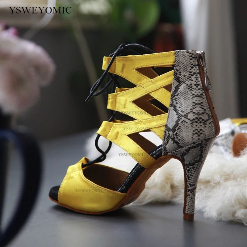 Salsa Latin Dance Shoes For Women Yellow Satin Mixed Snake Printing Leather Comfortable Dance Shoes In 8.5cm 10cm High Heel