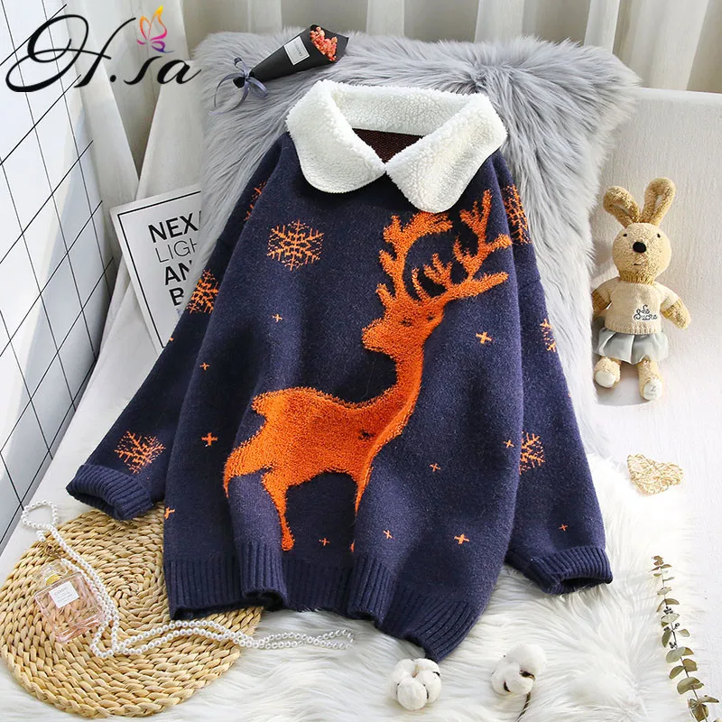 H.SA winter woman 2021 Pullover and Sweaters Turn Down Collars Cartoon Cute Christmas Deer oversize jumper | Женская одежда