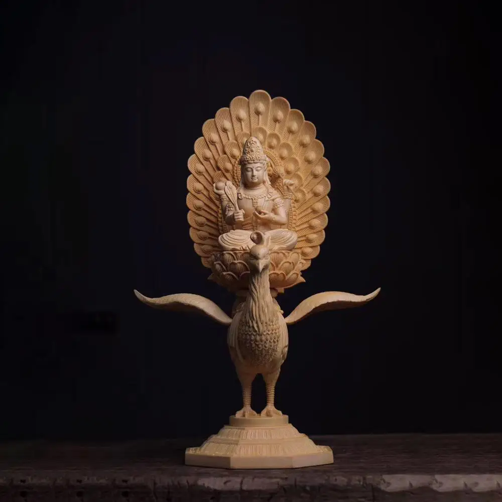 38cm Mahamayuri Figure Cypress Wood Buddha Statue Peacock Mahamayuri
