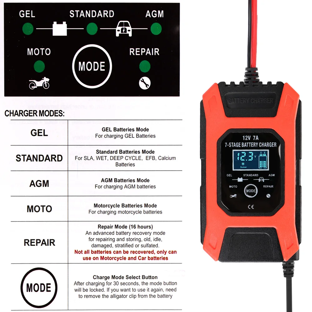 12V 7A Smart Battery Charger Quick Test Repair Kit Tester EU US UK Plug Automobile Truck Off Road 4x4 Motorcycle Car Accessories