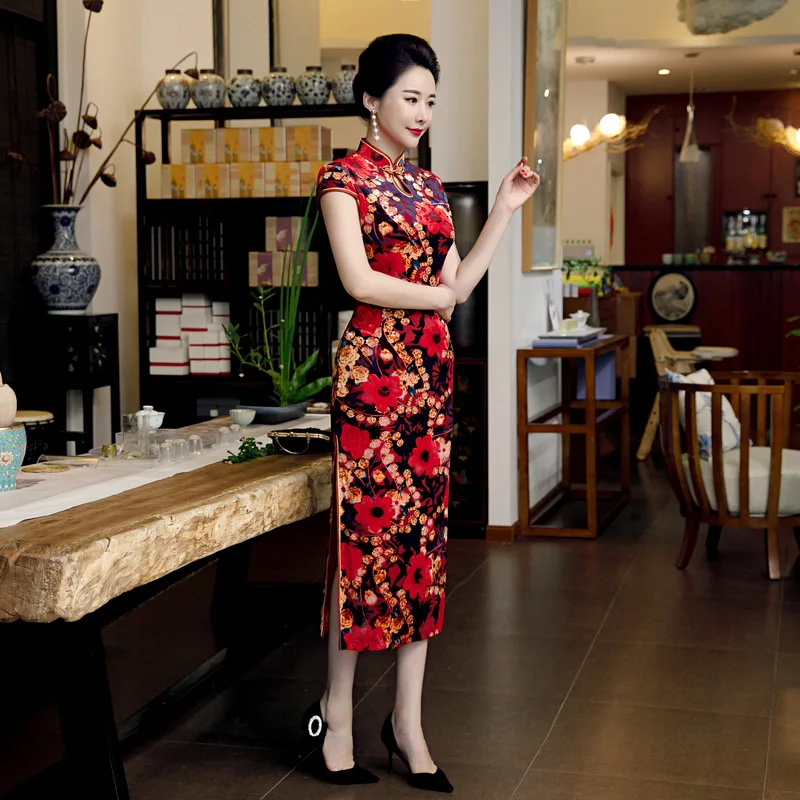 Пуговица ручной работы Qipao осень зима велюр Винтаж китайский воротник Qipao длинные Чонсам Размер L-5XL