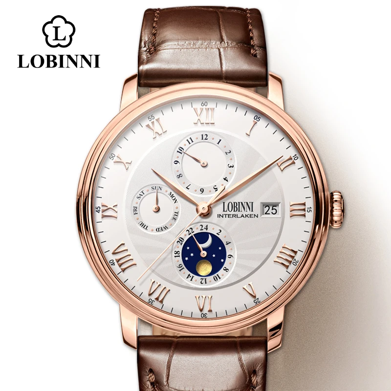 rose-white-brown LOBINNI, мужские часы, Роскошный швейцарский бренд, наручные часы, часы с чайкой, Мужские автоматические механические сапфировые часы, мужские часы - Цвет: rose-white-brown