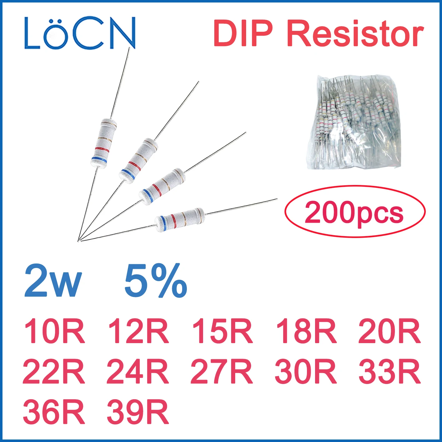 

200pcs 5% 2W Carbon Film Resistor DIP 10R 12R 15R 18R 20R 22R 24R 27R 30R 33R 36R 39R OHM Color ring