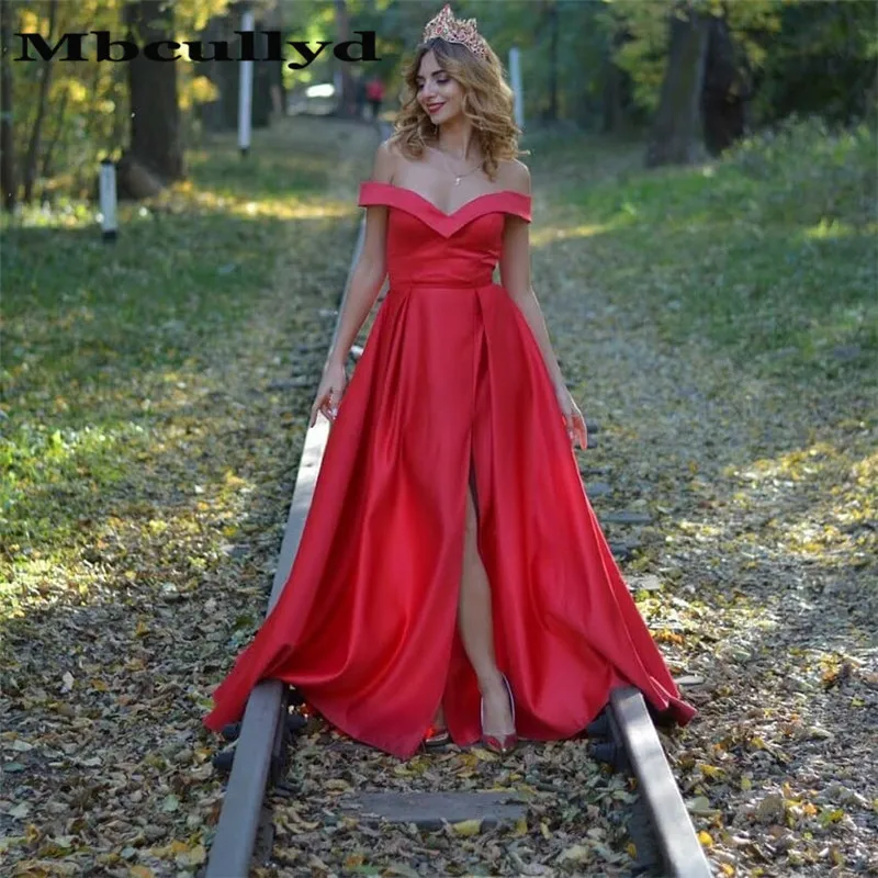 

Mbcullyd Red A-line Prom Dresses Long 2019 Sexy High Split Satin Formal Dress Evening Gowns Cheap Off Shoulder Vestidos De Gala
