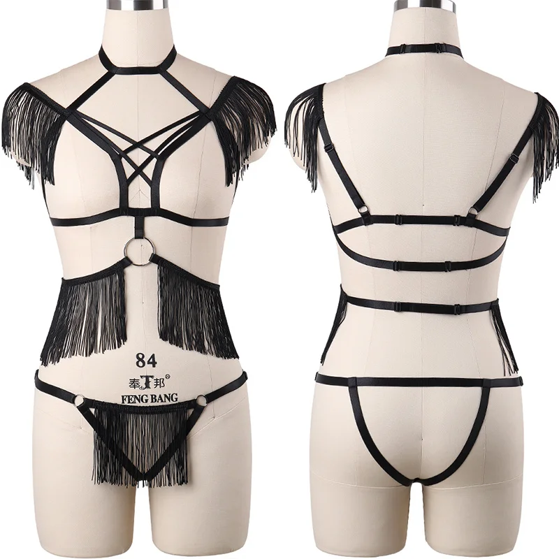 

HANAERNES Elastic Adjustment Punk Dance Carnival Costume Gothic Suspender Women's Bra tassel Tight Top Garter Sexy Lingerie Set