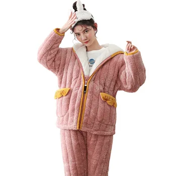 

Hooded cardigan cute padded home service quilted pajamas women winter three-layer coral fleece two-piece suit