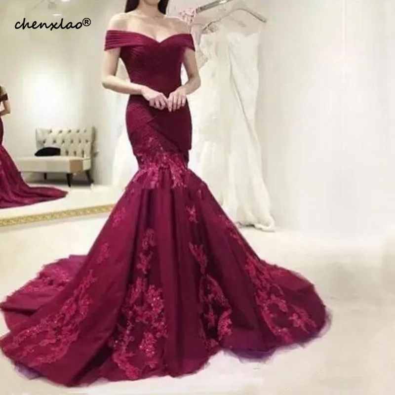 Бордовый вечернее платье prom dress Mermaid с открытыми плечами кружево, тюль, длинное Новое поступление платье для выпускного вечера; robe de soiree