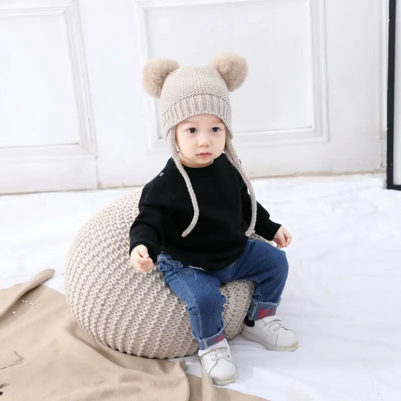 Cute Baby Boys Girls Knitted Bobble Hats Caps Double Pom Pom Winter Warm Crochet Stretchy Sweet Toddler Infant Hat 1-4 Years