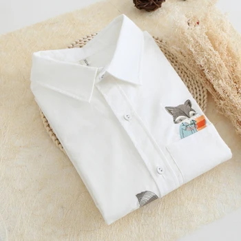 

Women Tops Autumn Spring Cotton White Shirt Fox Embroidery Casual Long Sleeve Ladies Blouses 2020 Blusas Feminina