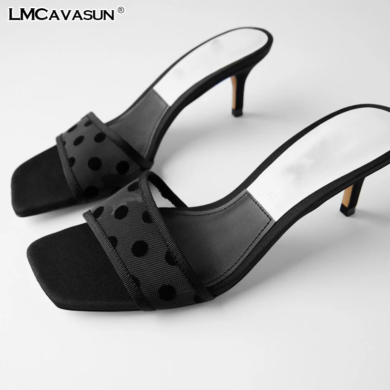 LMCAVASUN 2020 New Summer Sexy Women Med heel Slide Sandals Black Polka Dot Air mesh Female Slippers Outside | Обувь