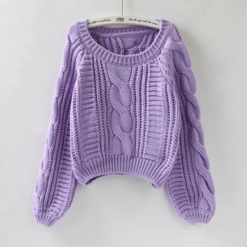 

Auutmn Winter Women Pullovers Korean Style Fashion Short Sweater For Female Lantern Sleeve Soft Knitwear Purple Loose Jumper