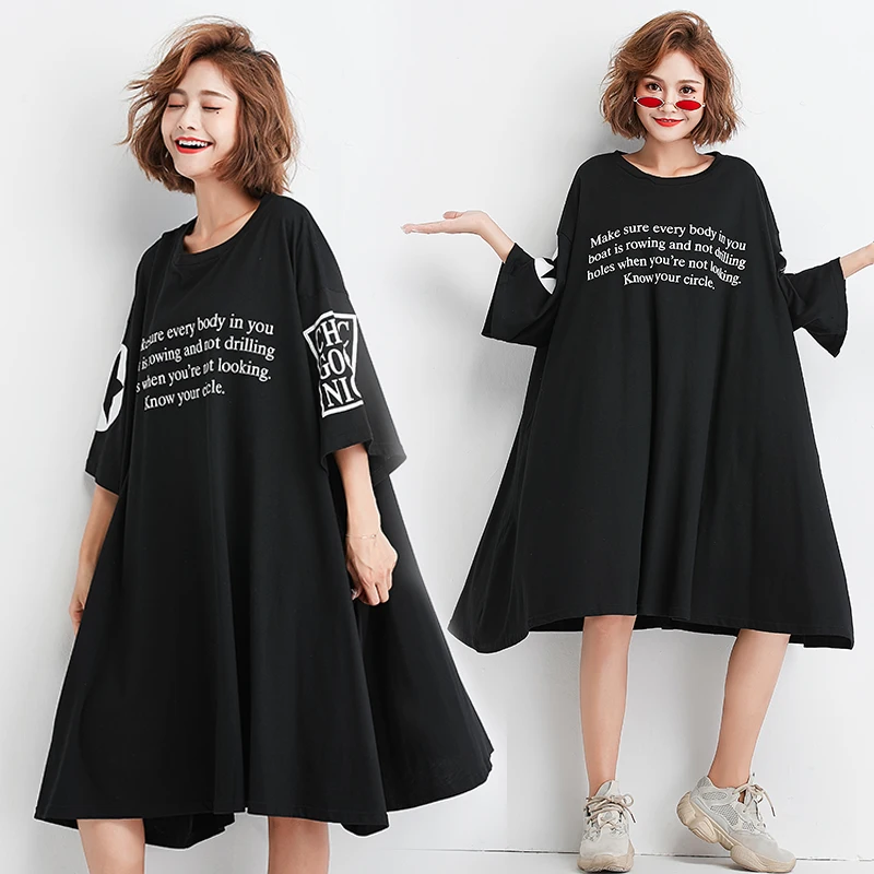 

Plus Size 2019 Women Tunic Dress Summer European Casual Loose Style A Line Black Shirt 4XL 5XL 6XL Dress in Big Sizes