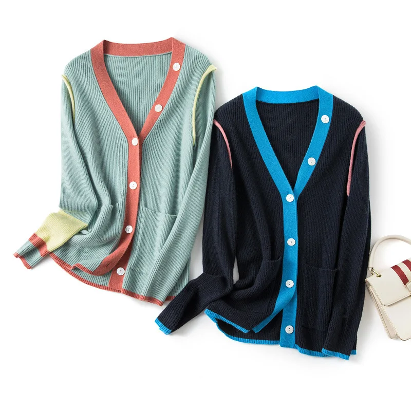 

Aliaga женский осенне-зимний Кардиган контрастной расцветки из 100% кашемира с v-образным вырезом и карманами