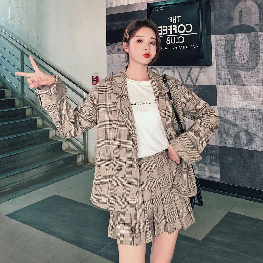 

Photo Shoot CHIC Elegant Ol Plaid Loose-Fit Short Double Breasted Suit Jacket High-waisted Pleated Skirt WOMEN'S Suit
