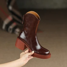 Chaussures d'automne en cuir véritable à plateforme pour femme, bottes épaisses à bout rond, couleur unie noire, nouvelle collection 2021